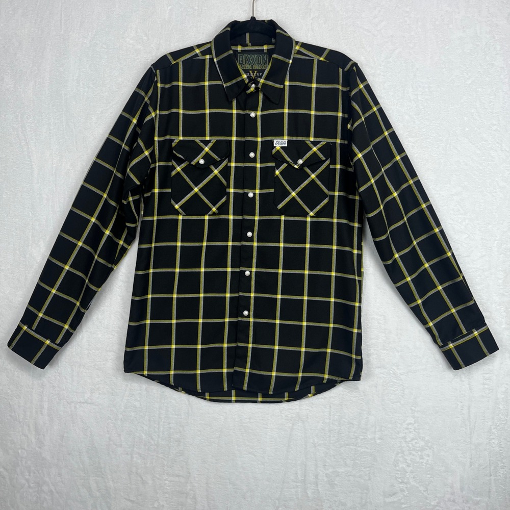 Dixxon Flannel Vogue Tyres LongSleeve Shirt Mens S Black Yellow Plaid Pearl Snap